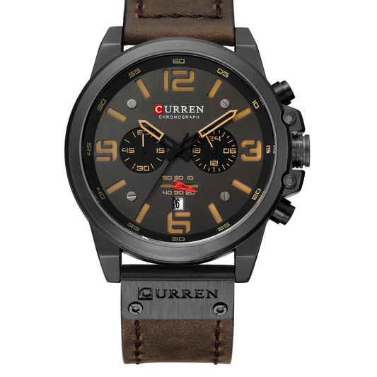 Round multi-subdial watch face and faux leather strap shown from the front