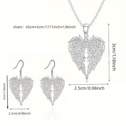 Silver-tone angel wing heart pendant necklace and matching earrings
