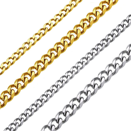 Gold-tone and silver-tone Cuban link necklaces with lobster clasps