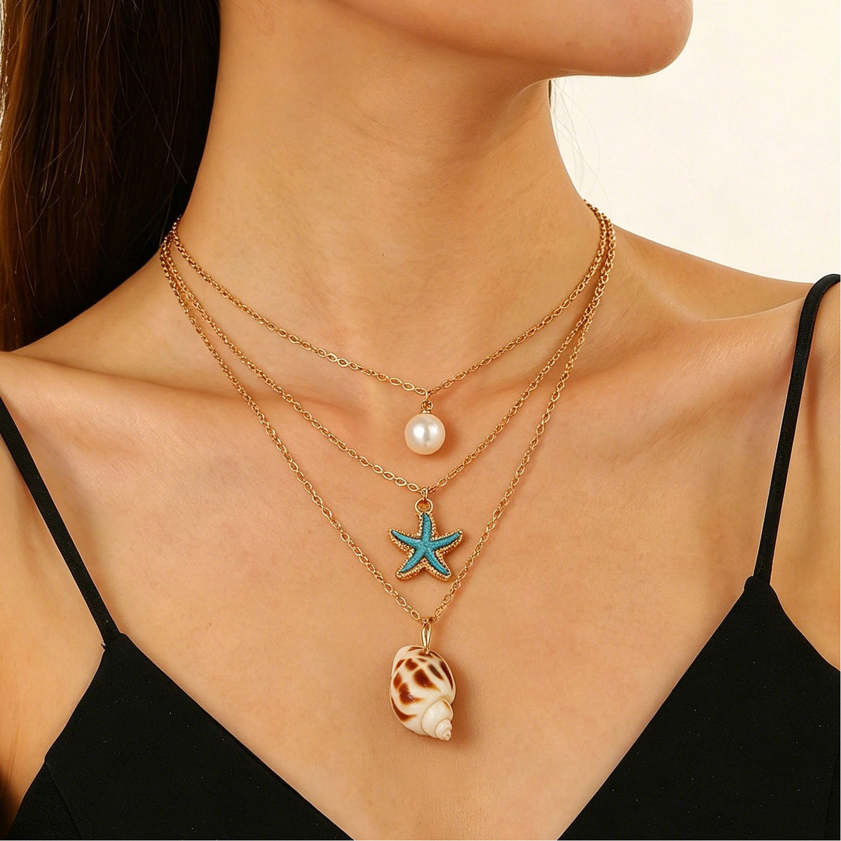 Layered Shell Pearl Starfish Pendant Bohemian Necklace – product view 29