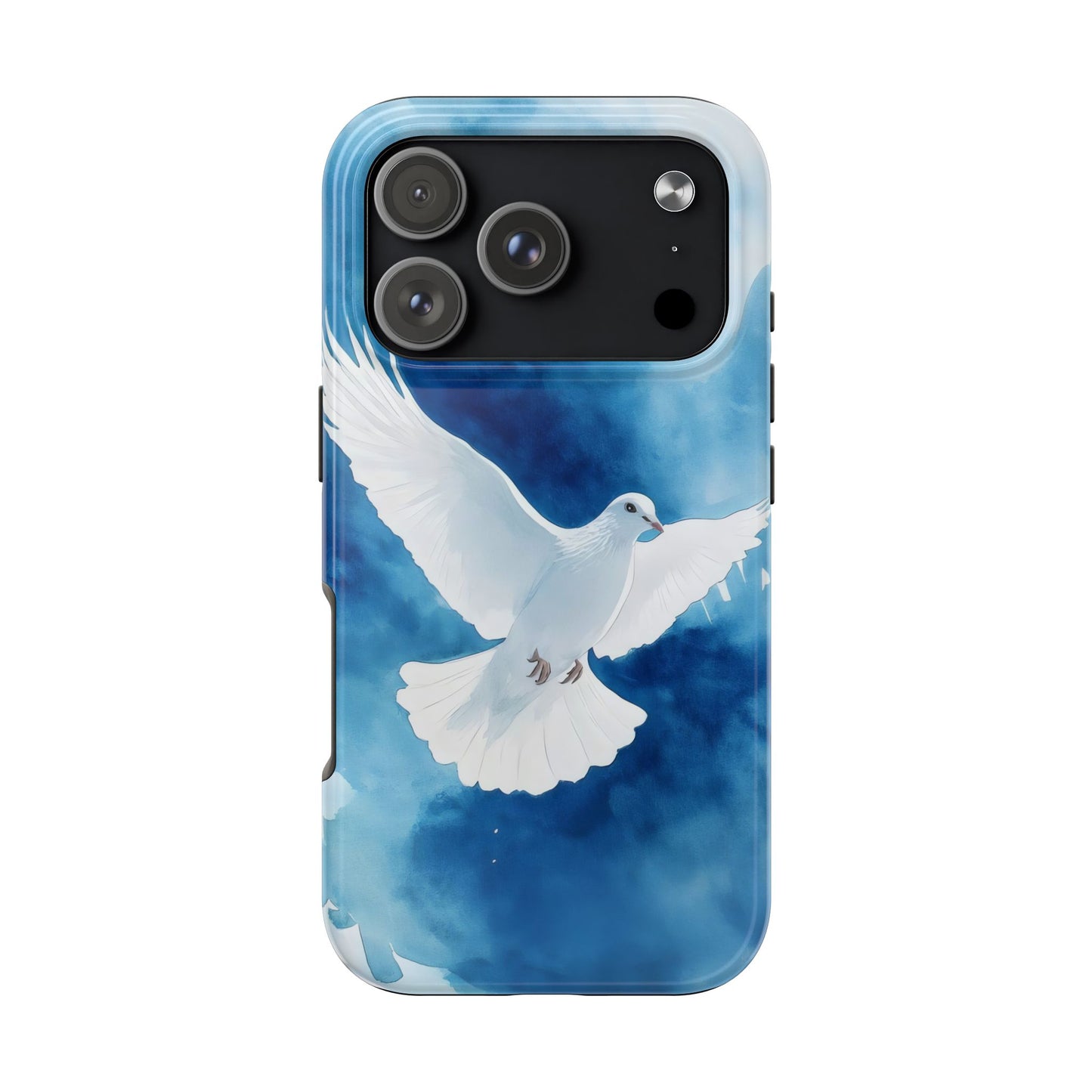 Phone case with white dove illustration and blue watercolor background, Christian decor