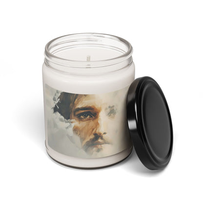 Scented soy candle with a watercolor portrait of Jesus on the label