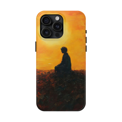 Phone case with silhouette of a person meditating at sunset, spiritual art design