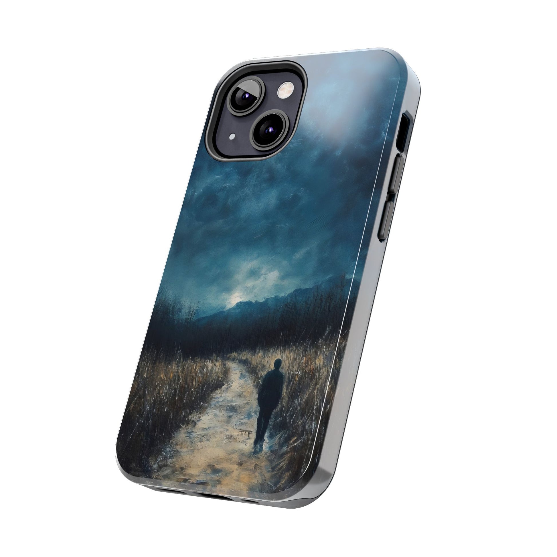 Phone case with solitary figure walking on misty path under cloudy sky, spiritual art design