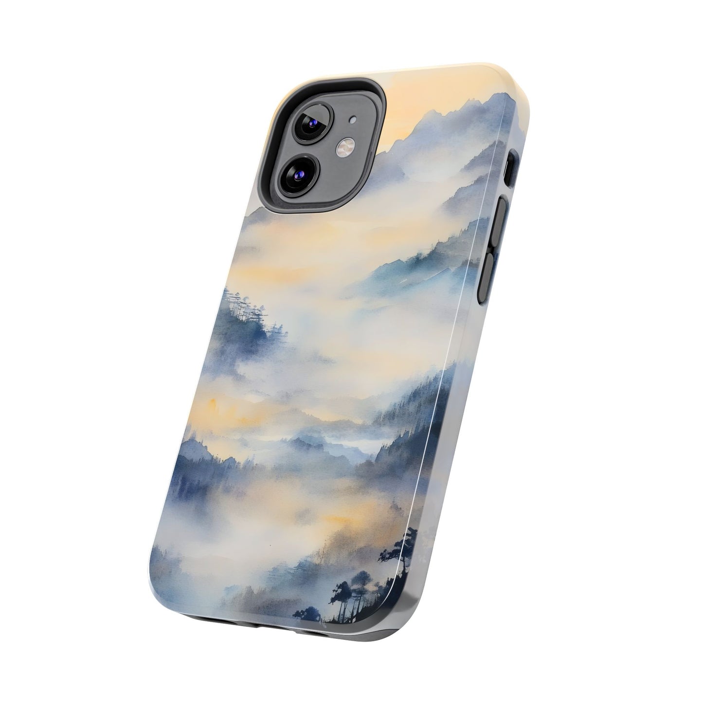Phone case with serene watercolor mountain landscape and misty sky design