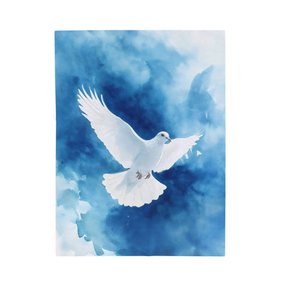 Velveteen plush blanket with a white dove on a blue watercolor sky