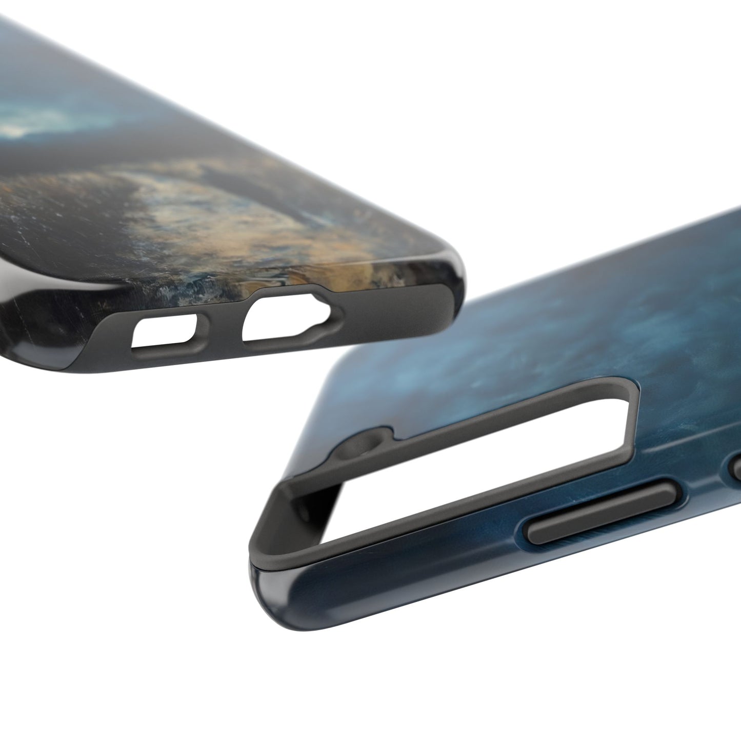 Close-up of two blue and black phone cases with abstract, cloud-like art design
