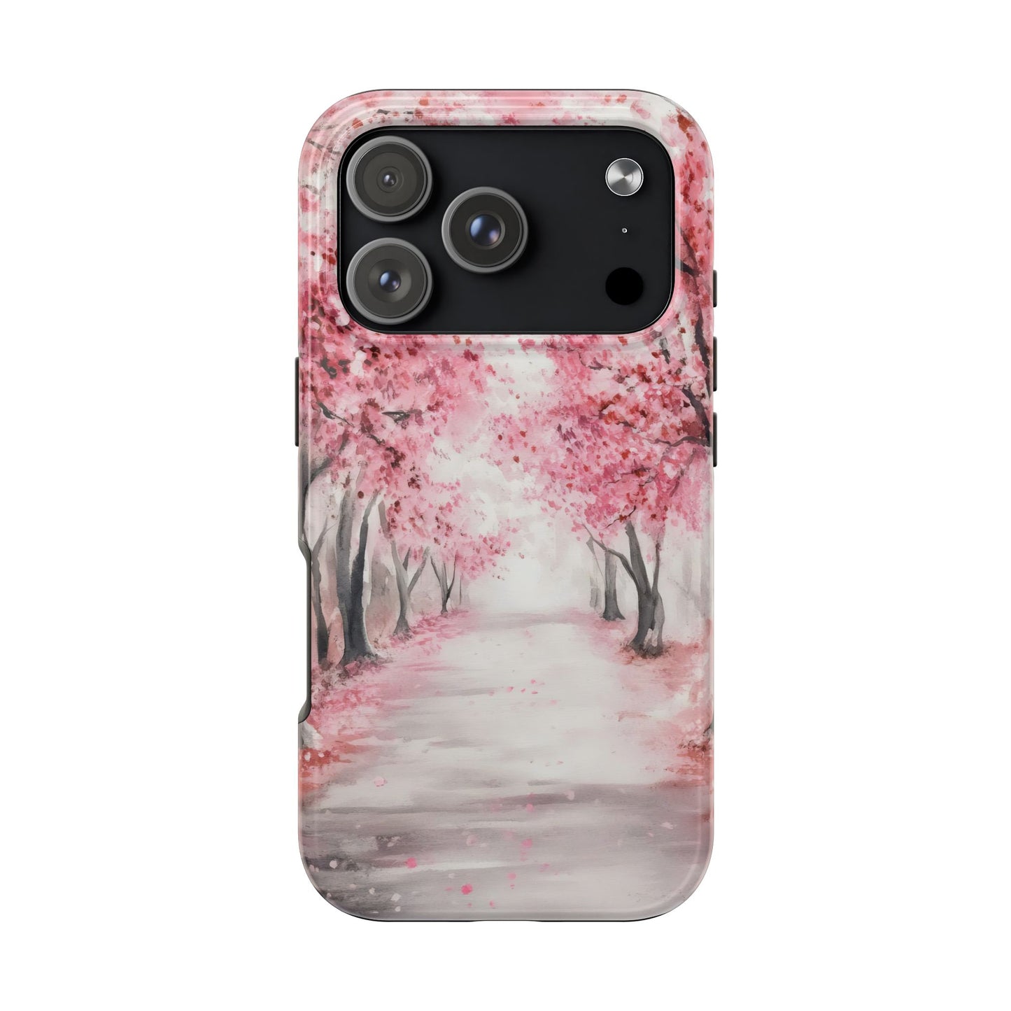 iPhone case with pink cherry blossom path and watercolor tree art design