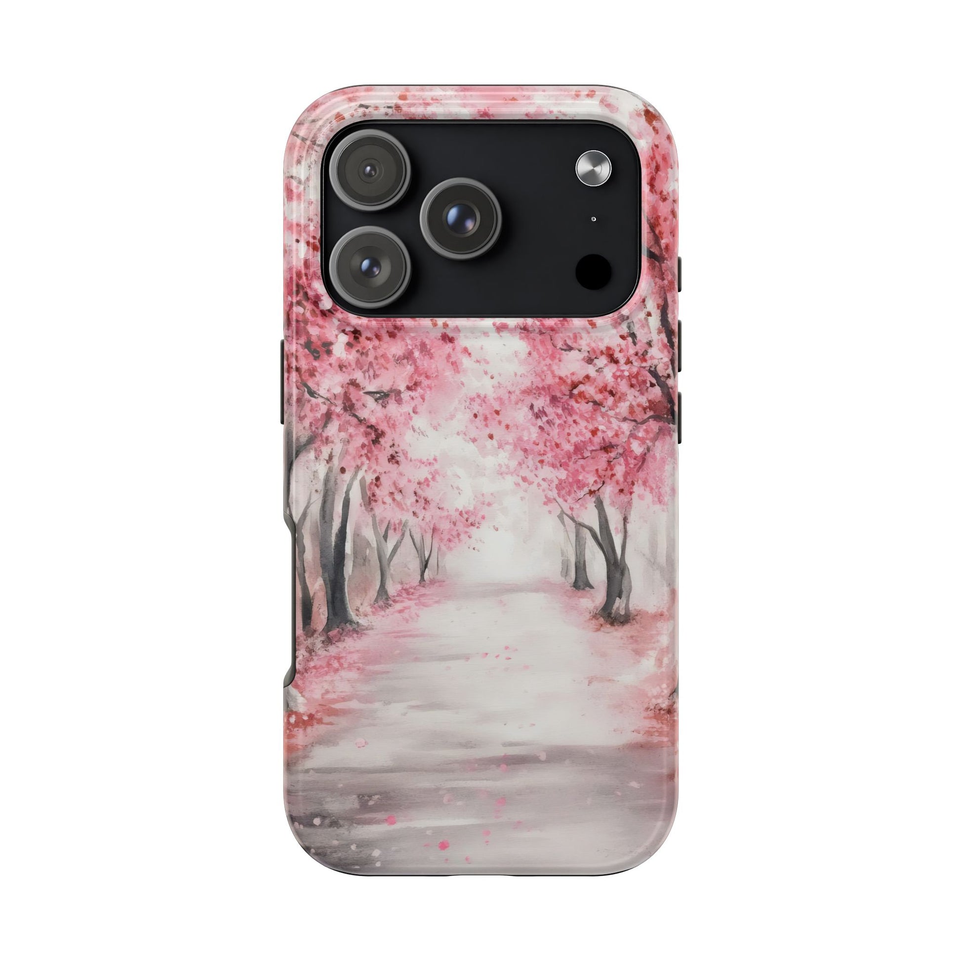 iPhone case with pink cherry blossom path and watercolor tree art design