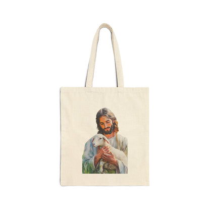 Canvas tote bag with illustration of Jesus holding a lamb, Christian faith-inspired accessory