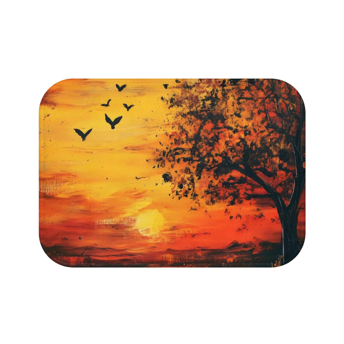 Abstract wall art featuring a tree and flying birds at sunset in warm orange and yellow tones