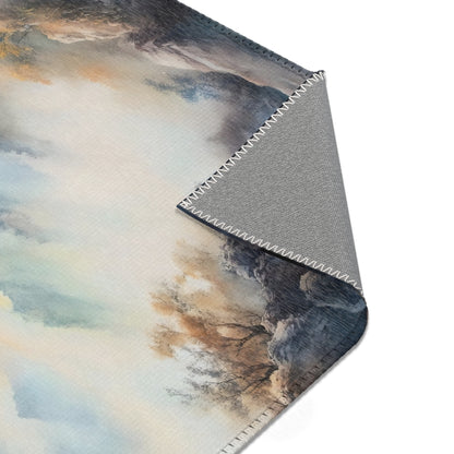 Serene landscape watercolor print on a fabric wall hanging with stitched edges