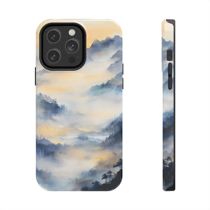 Phone case with tranquil watercolor mountain landscape in blue and soft golden hues