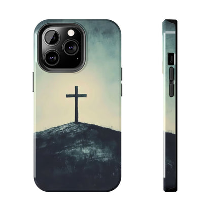 Christian cross on hill minimalist art phone case, faith-inspired gift