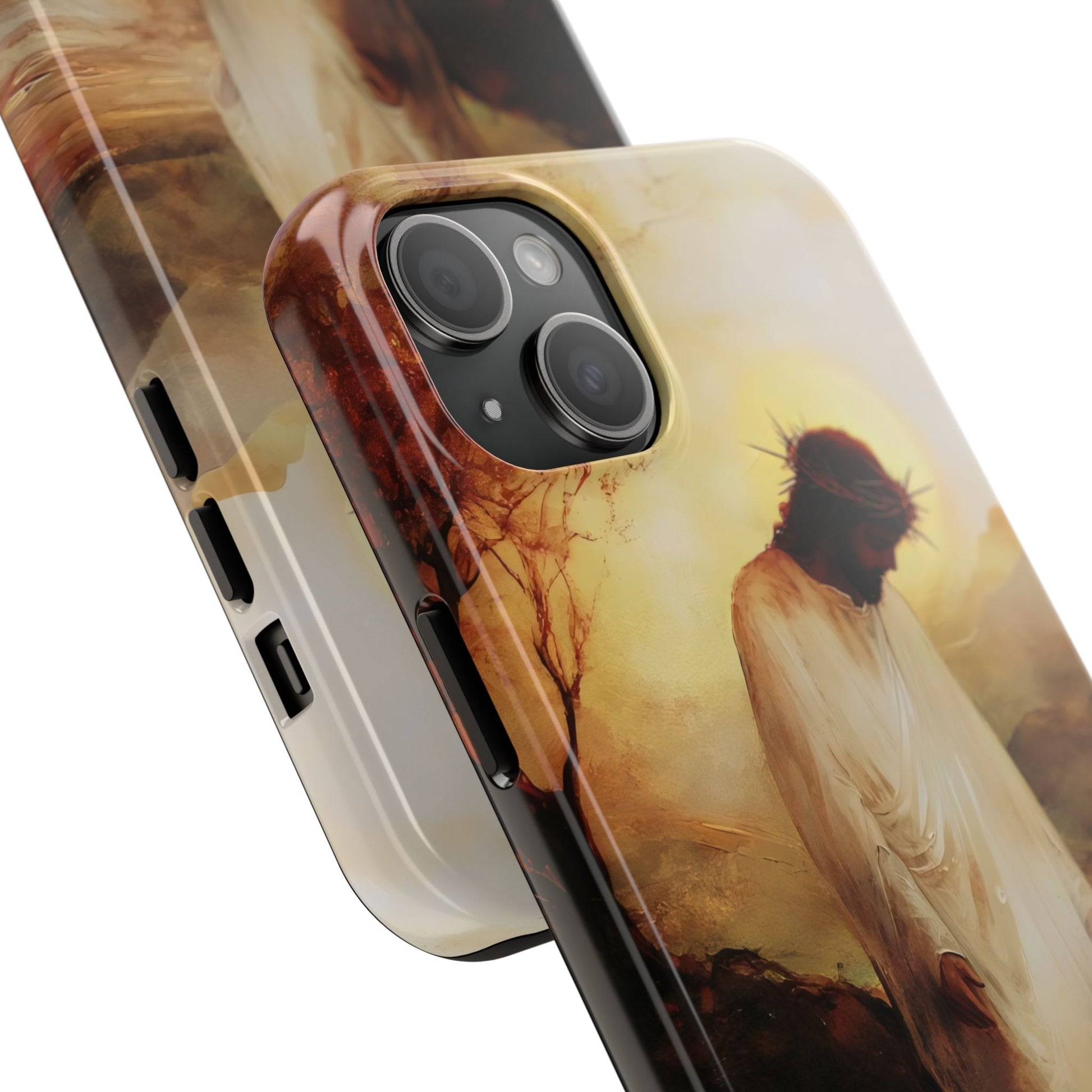 Christian phone case featuring a contemplative figure in white with a crown of thorns, sunset background