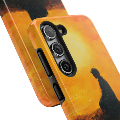 Phone case with silhouette of a meditative figure at sunset, spiritual artwork design