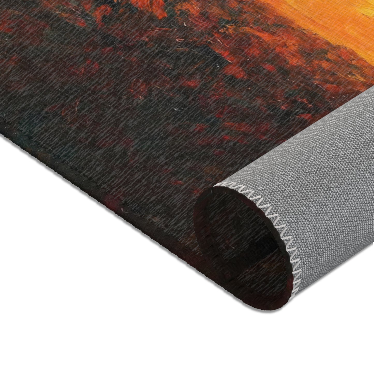 Close-up of rolled Christian wall art canvas with textured orange and dark abstract design