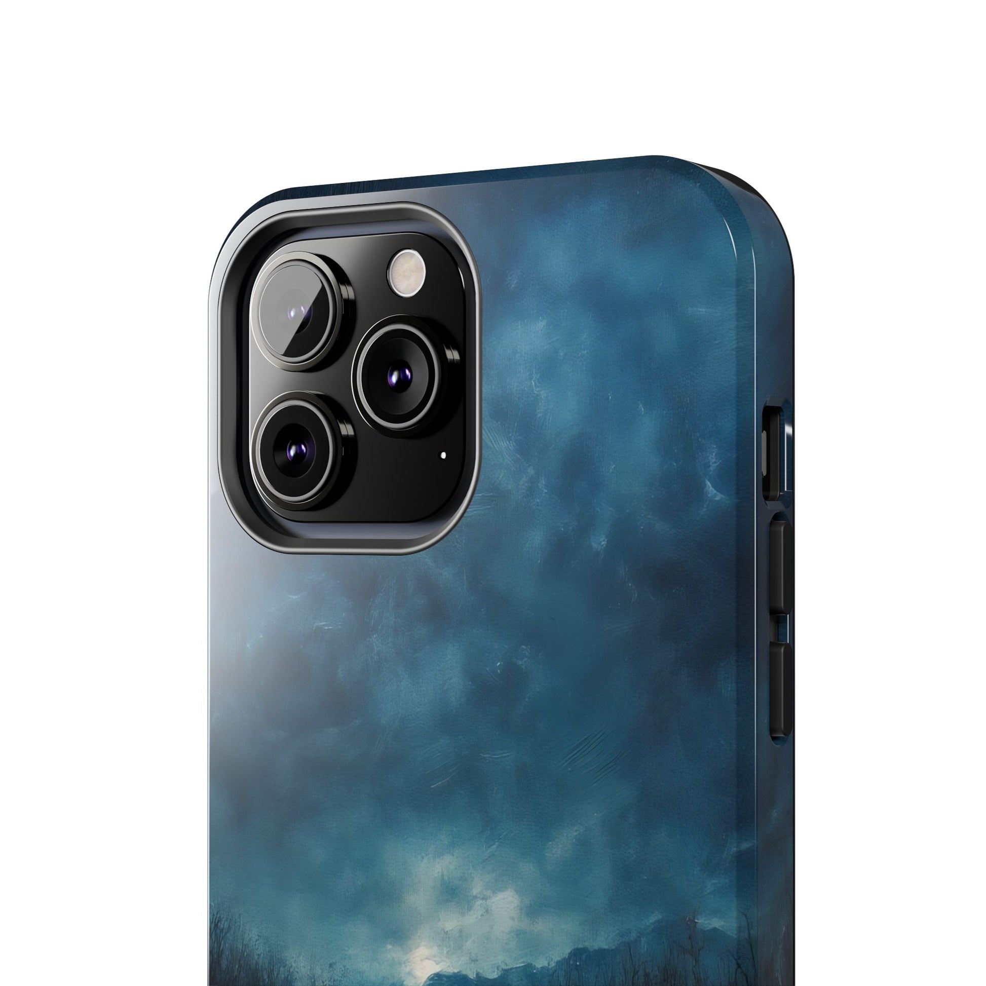 Christian phone case with serene blue sky, clouds, and landscape art, spiritual accessory