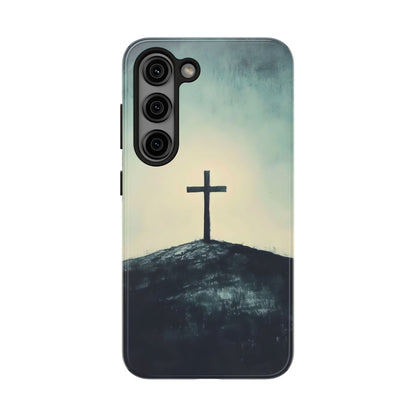 Christian cross on hill minimalist phone case, faith-inspired spiritual design