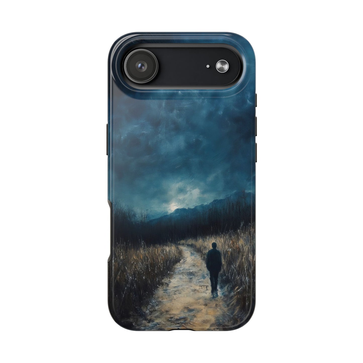 Phone case with silhouette walking on a path under a moody sky, nature and solitude theme