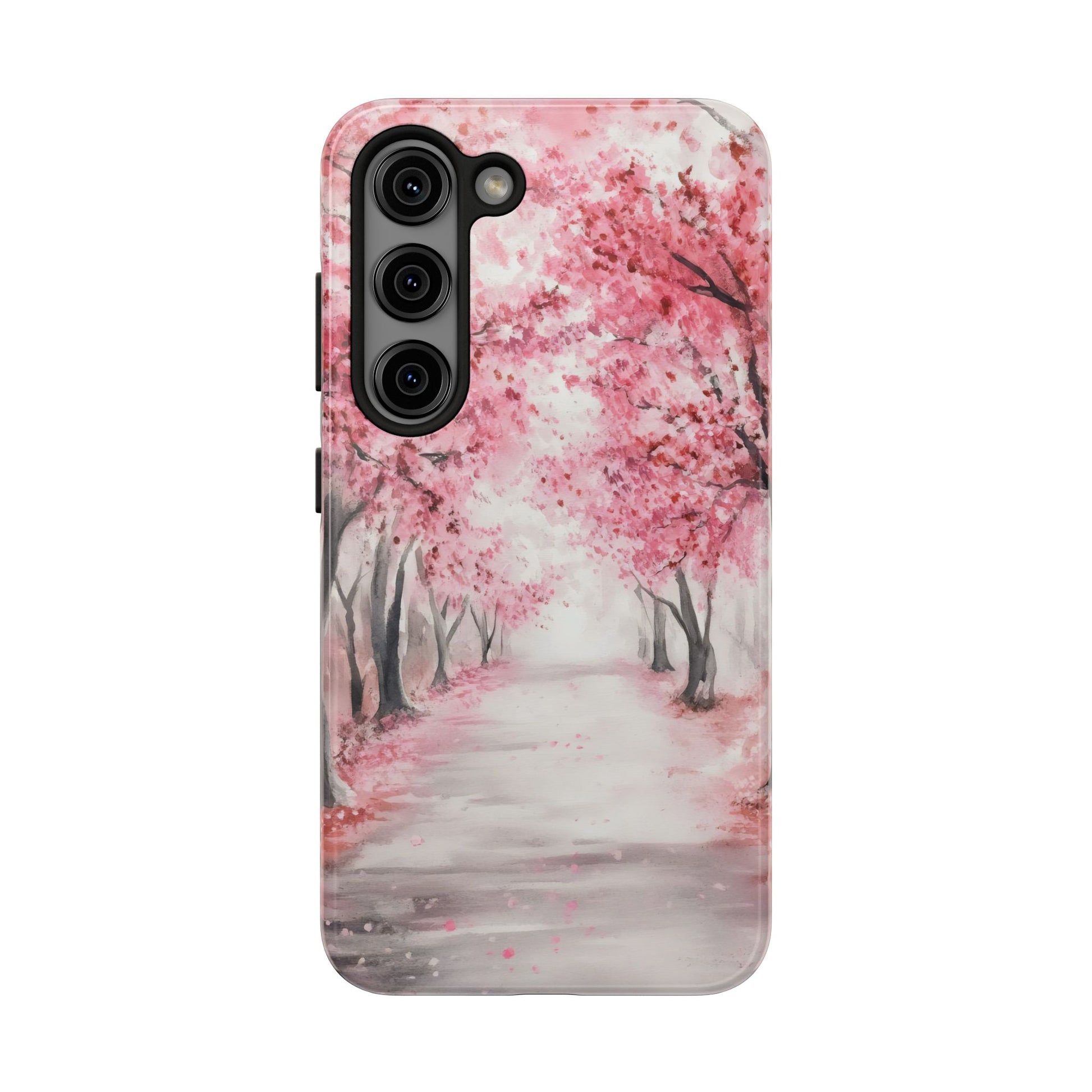 Phone case with pink cherry blossom trees lining a peaceful path, watercolor style