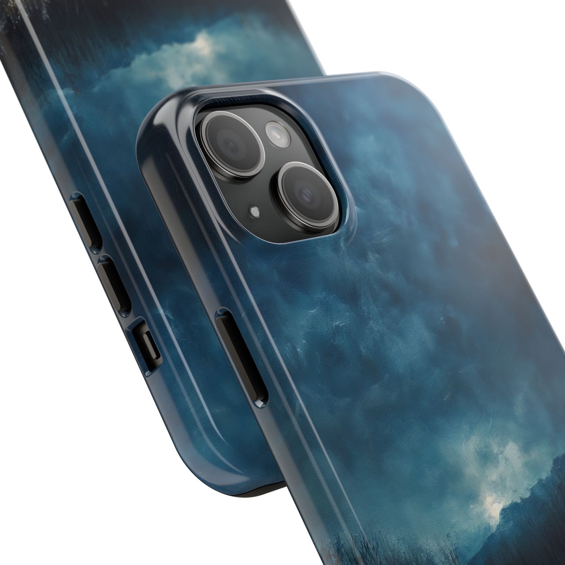 Close-up of phone case with blue abstract cloud design, protective spiritual accessory