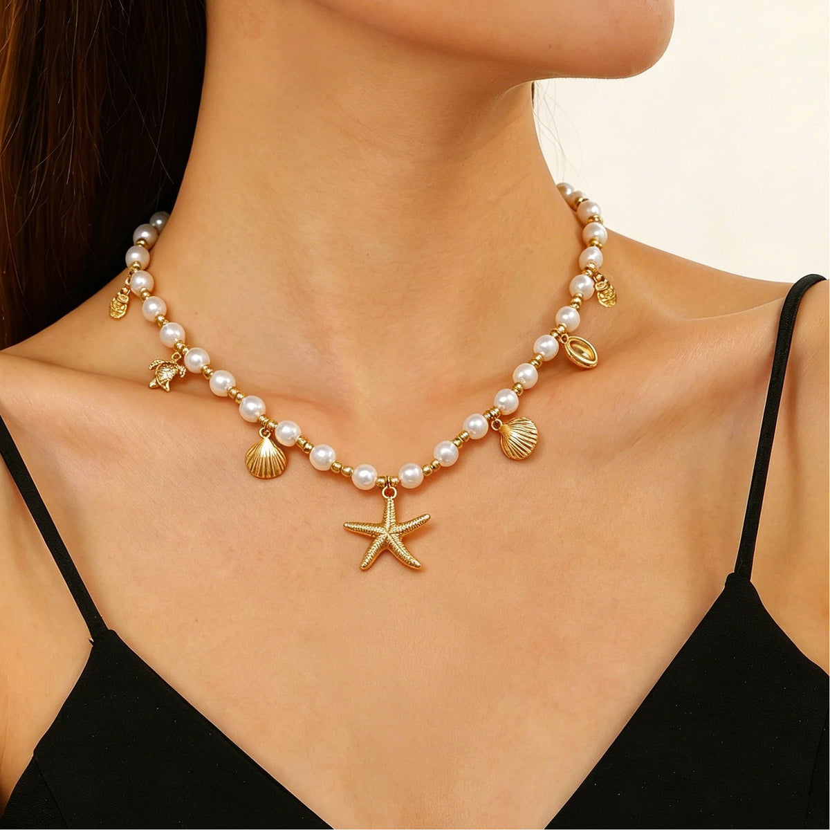 Layered Shell Pearl Starfish Pendant Bohemian Necklace – product view 10