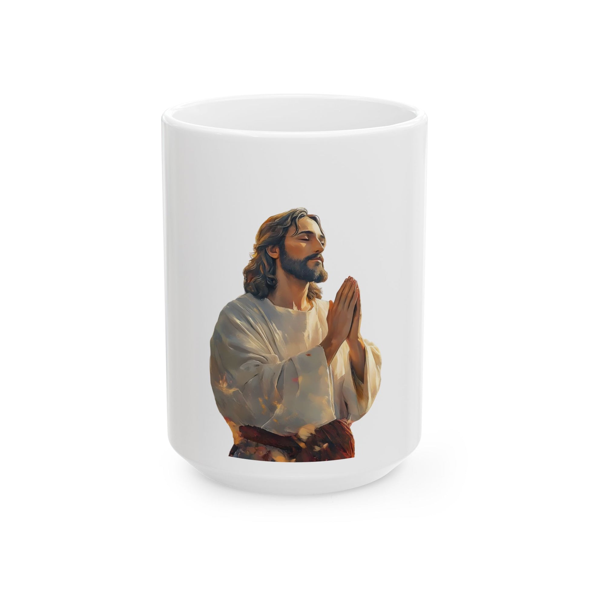 White ceramic mug with an illustration of Jesus praying, Christian faith-inspired decor