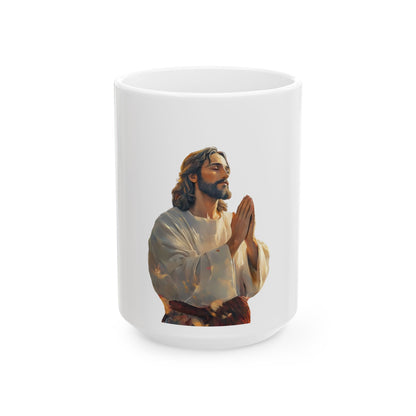 White ceramic mug with an illustration of Jesus praying, Christian faith-inspired decor