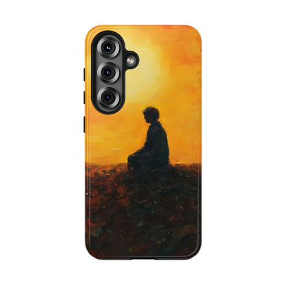 Phone case with silhouette of person meditating at sunset, spiritual art design