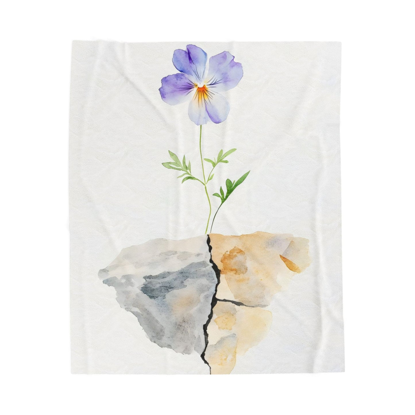 Watercolor purple flower growing from cracked rock, faith-inspired wall art, minimalist design