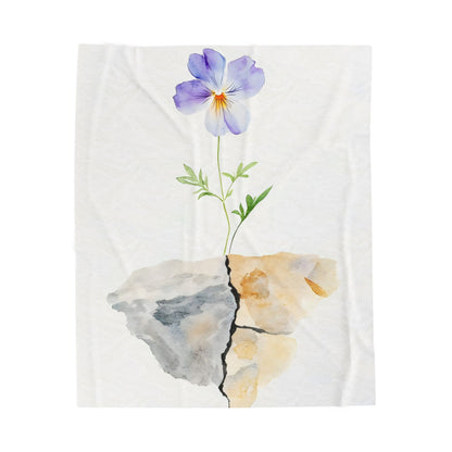 Watercolor purple flower growing from cracked rock, faith-inspired wall art, minimalist design
