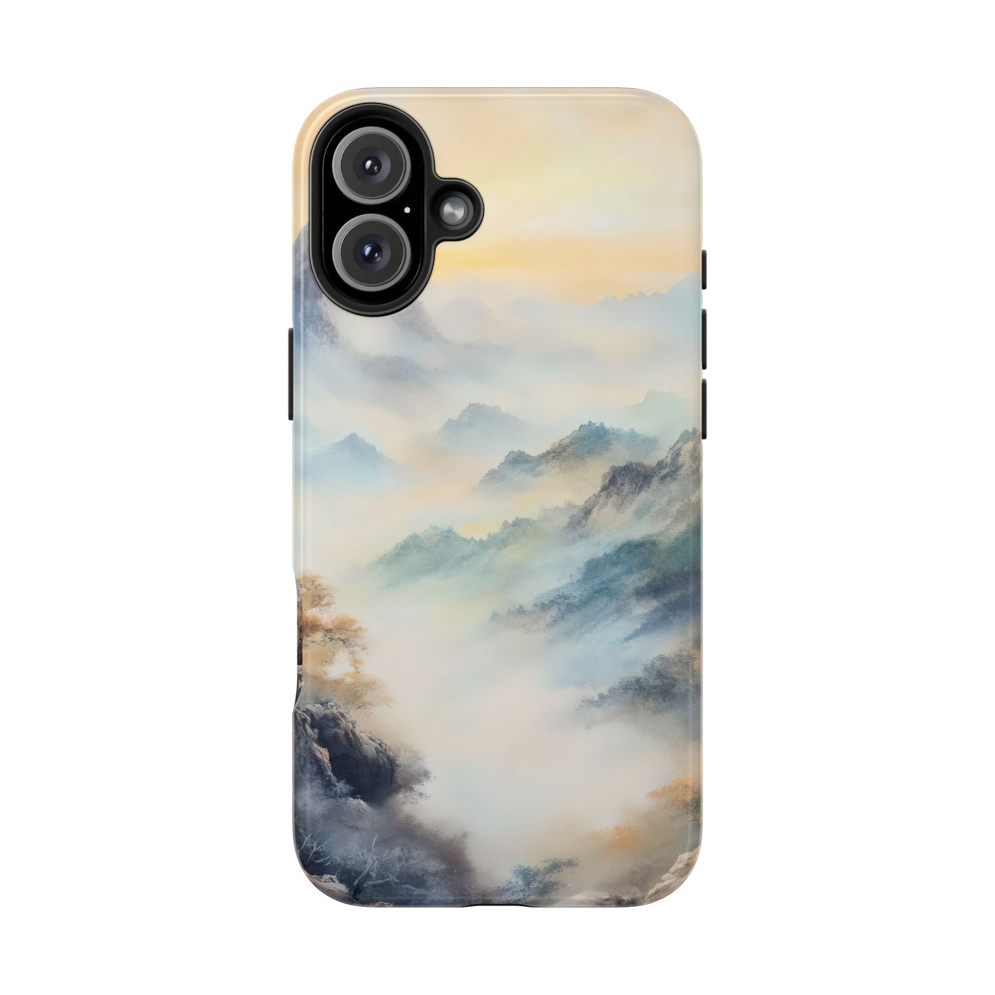 Phone case with serene misty mountain landscape, spiritual and calming design