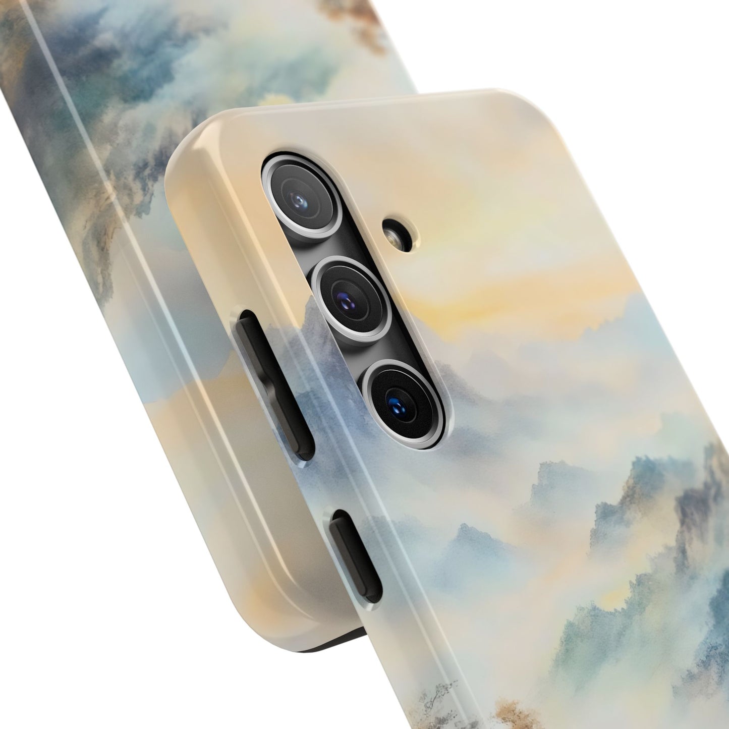Phone case with serene watercolor mountain landscape and soft pastel colors