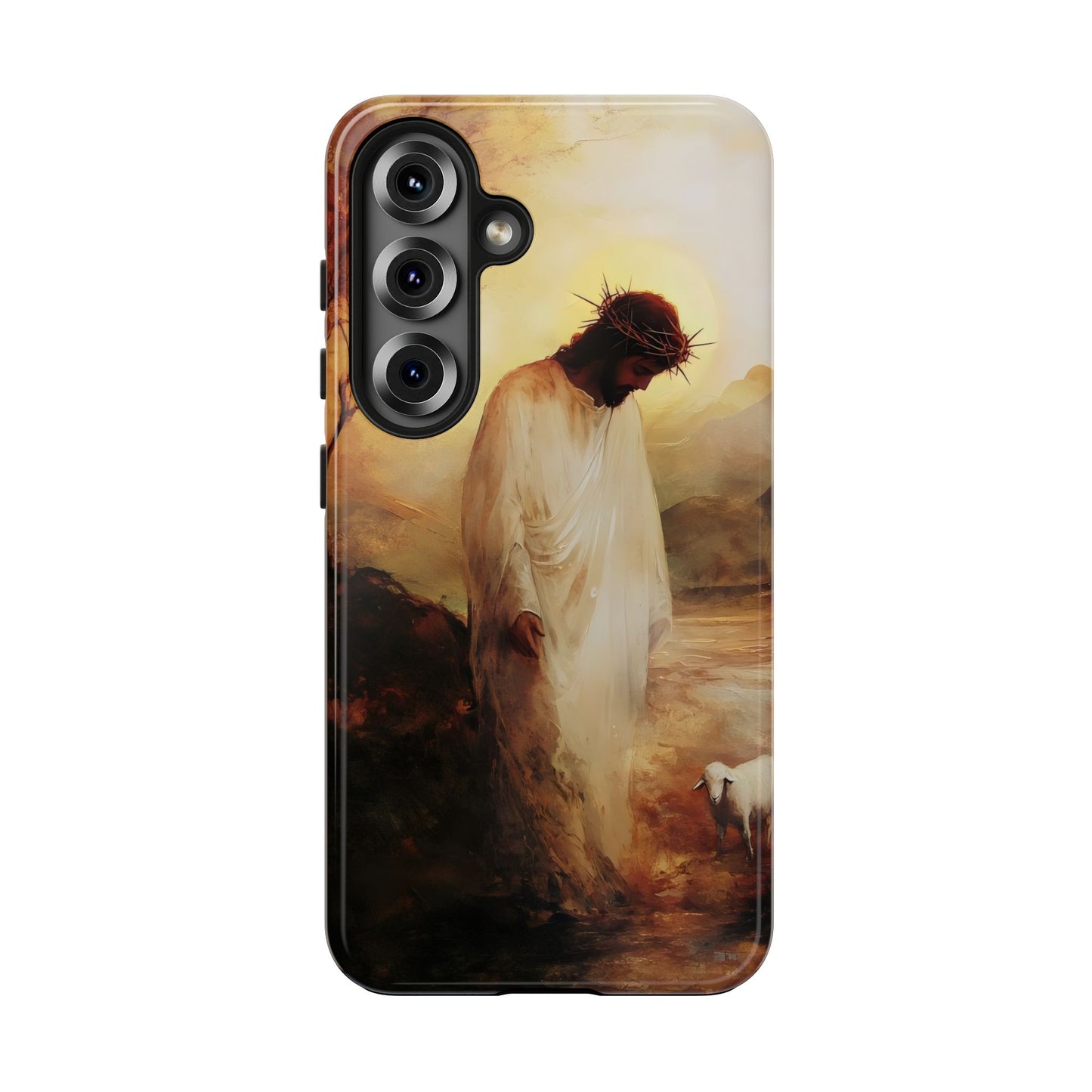 Christian phone case featuring Jesus with a crown of thorns and a lamb in a serene landscape