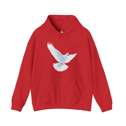 Red Christian hoodie with white dove graphic, faith-inspired apparel on white background