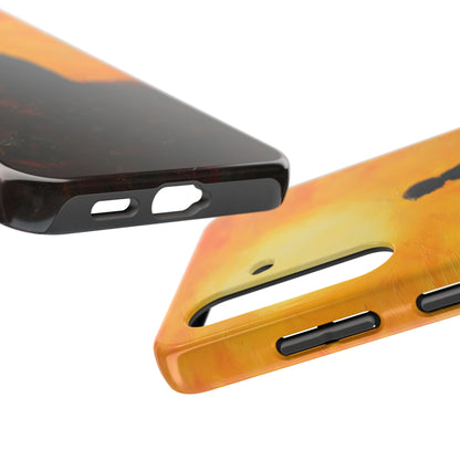 Close-up of two phone cases with abstract orange and yellow artistic design, showing button cutouts