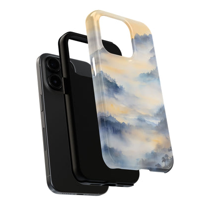 Phone case with serene misty mountain landscape design, nature-inspired, protective accessory