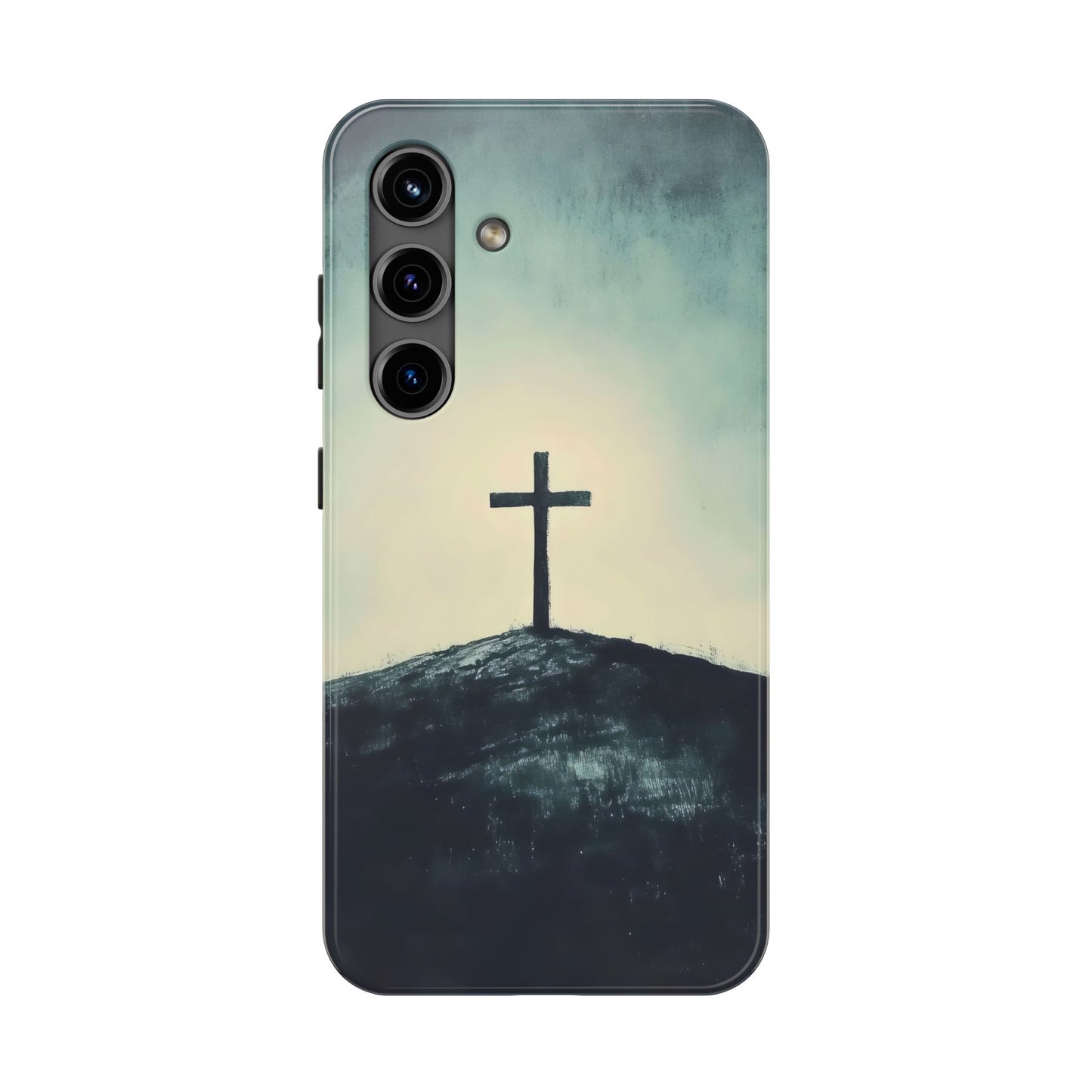 Christian cross on a hill phone case, faith-inspired spiritual minimalist art design