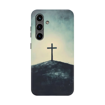 Christian cross on a hill phone case, faith-inspired spiritual minimalist art design