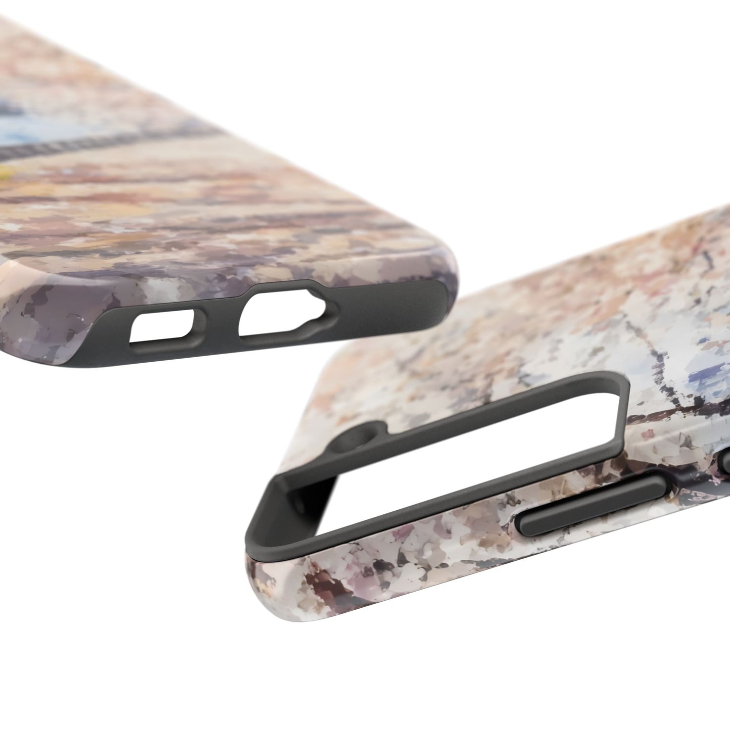 Close-up of abstract floral pastel pattern phone cases with cutouts for buttons and ports