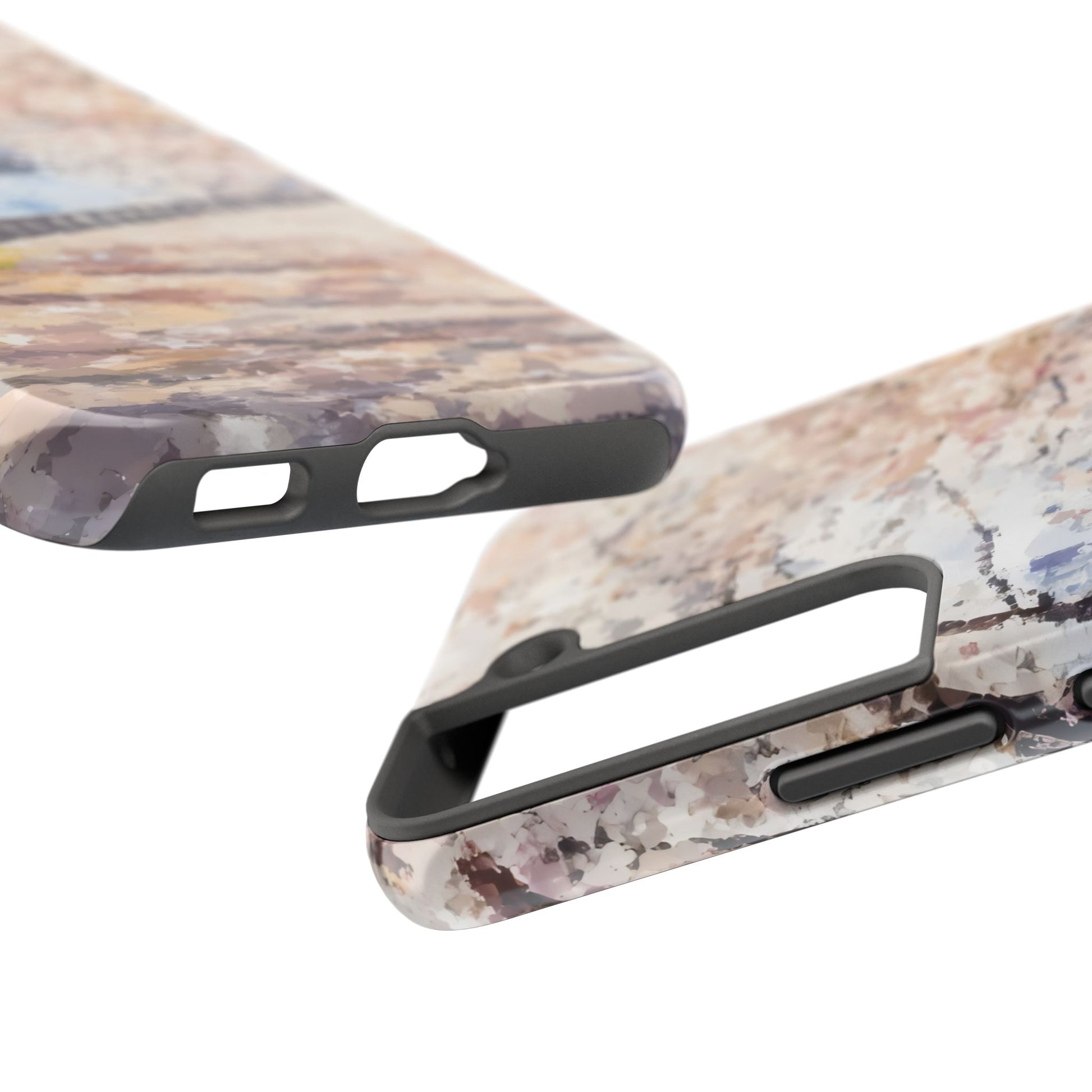 Close-up of abstract floral pastel pattern phone cases with cutouts for buttons and ports