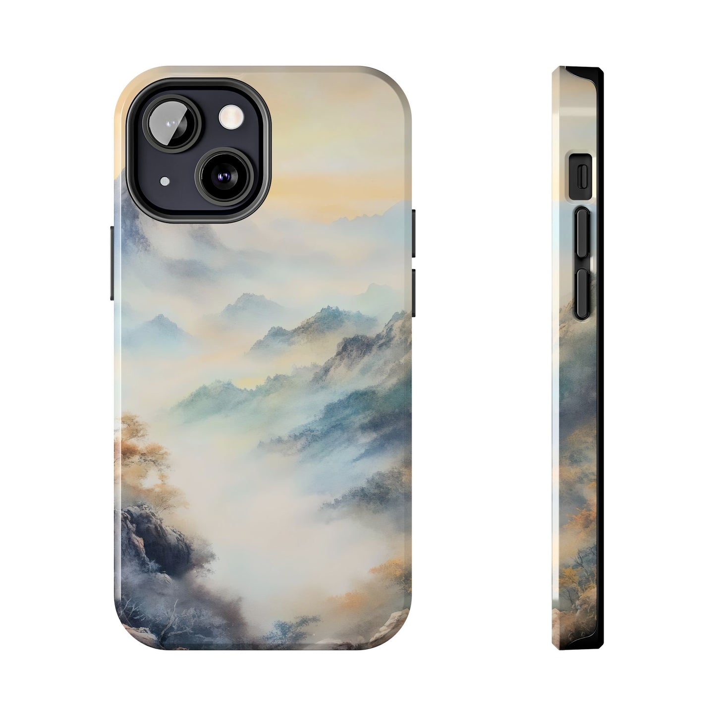 Phone case with serene watercolor mountain landscape and soft misty clouds design