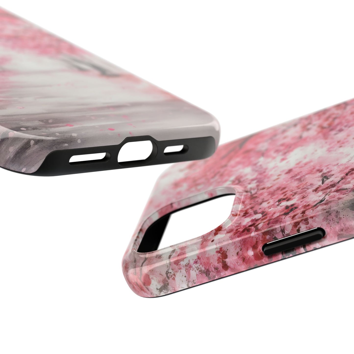Pink floral pattern phone case with marble texture, close-up of sides and ports