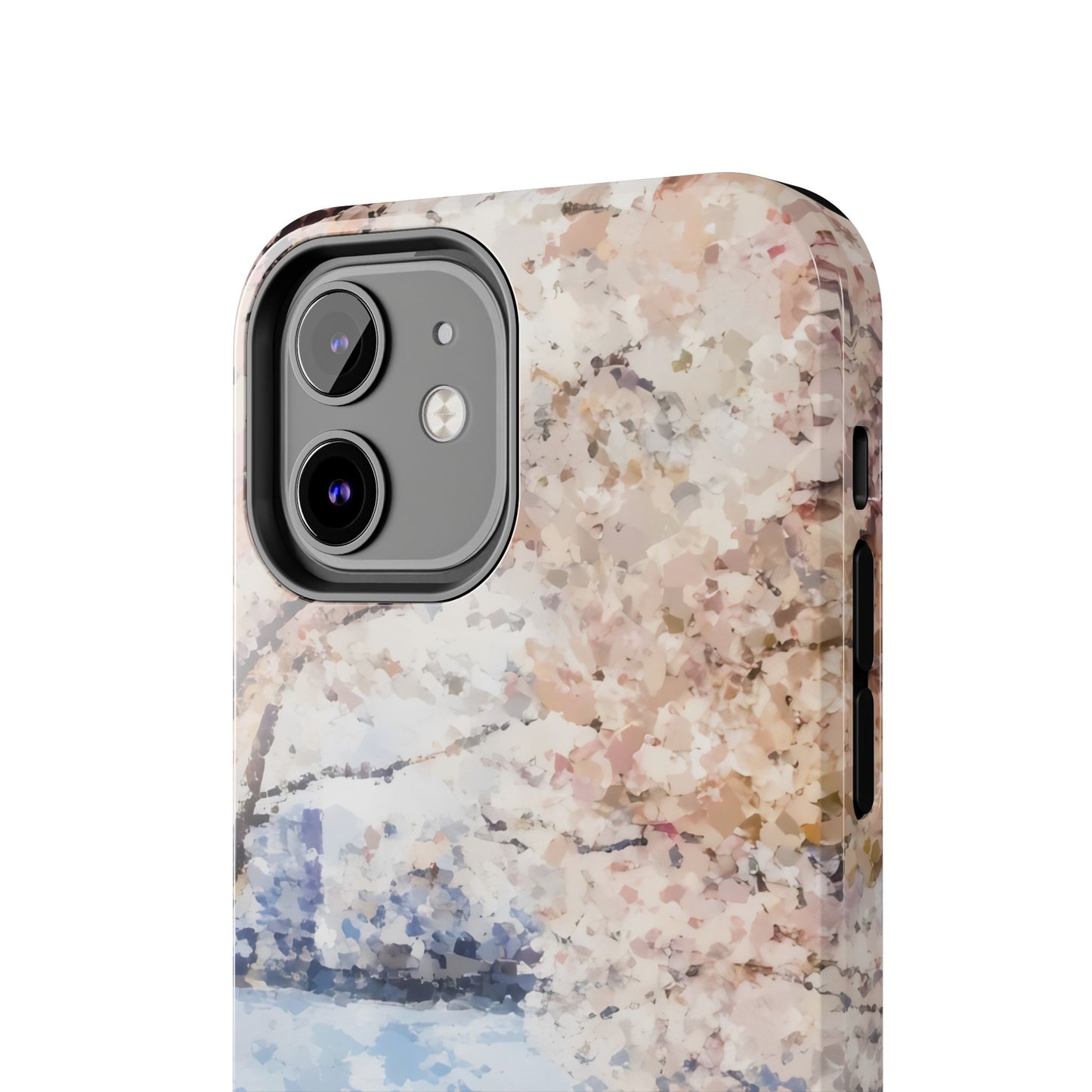 Abstract pastel floral phone case with soft watercolor design, close-up on camera area