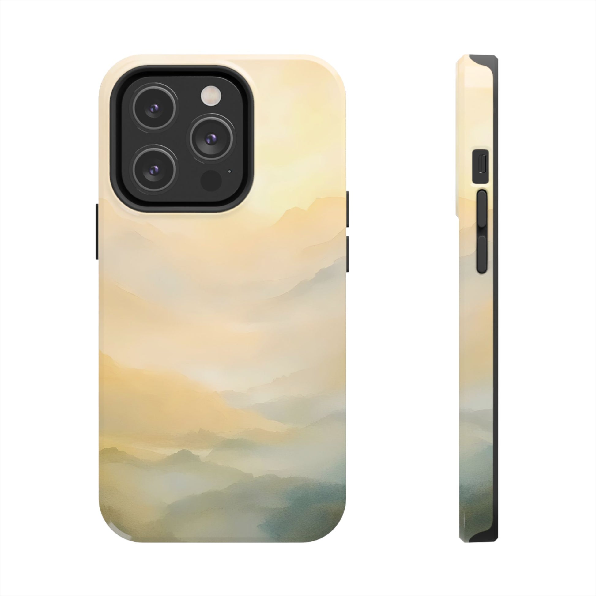 Phone case with serene pastel mountain landscape, spiritual and calming design
