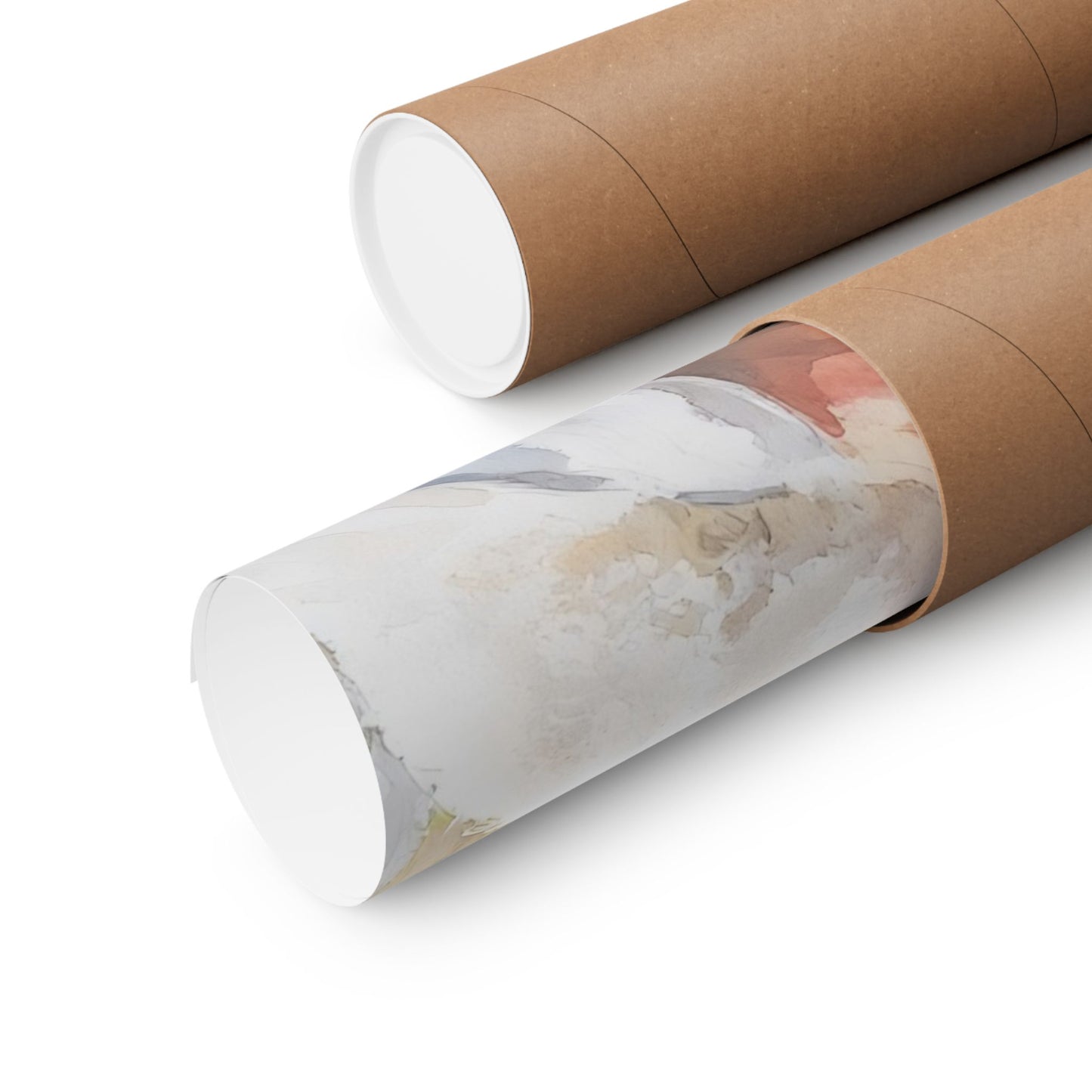 Rolled abstract wall art print in brown cardboard tube on white background