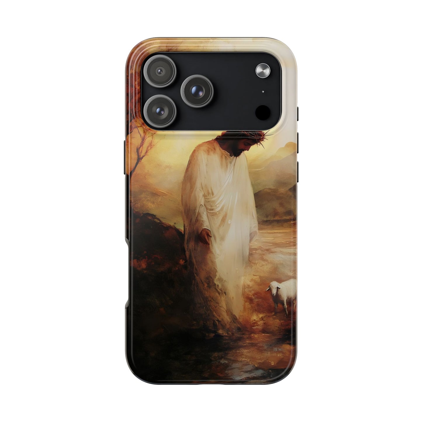Christian phone case with Jesus in white robe and crown of thorns, comforting a lamb