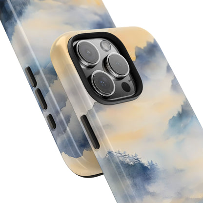 Phone case with pastel blue and yellow watercolor sky and subtle nature landscape