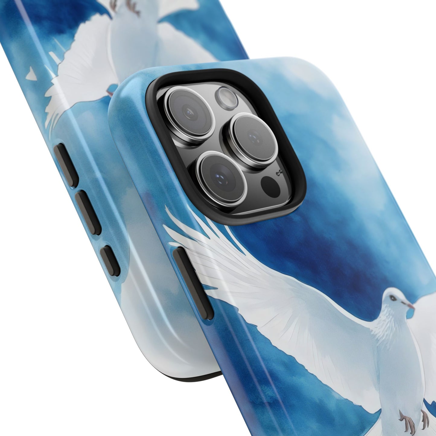 Phone case with white dove in flight on blue sky, Christian inspirational art